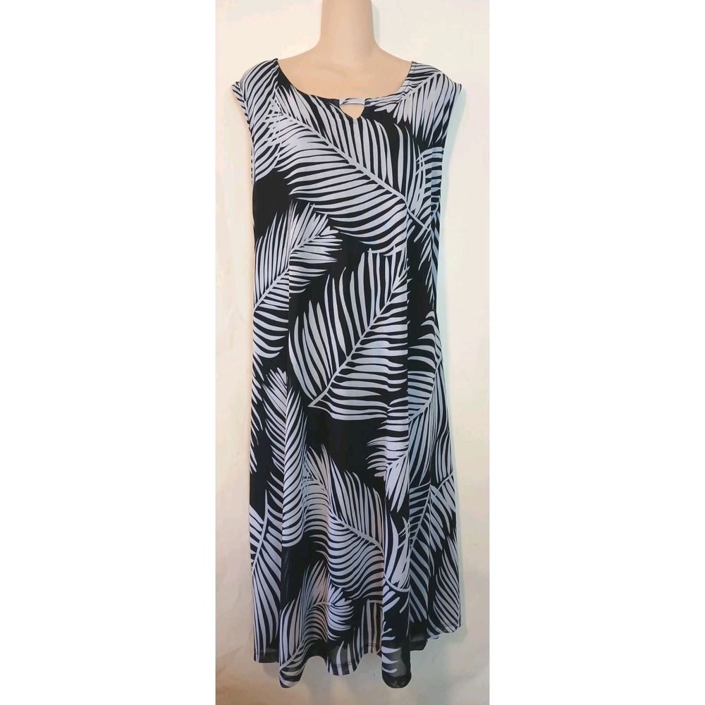 CATHERINES Plus Black White LEAF PRINT DRESS W/ SHEER OVERLAY - 4X 30/32W. D132